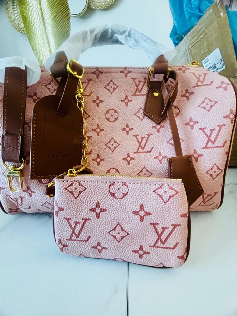 inspired bag LV Pink Monogram Canvas Speedy Bandoulière Bag with Pouch